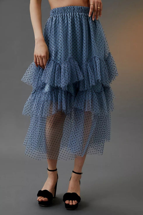 Ruffled Tulle Midi Skirt